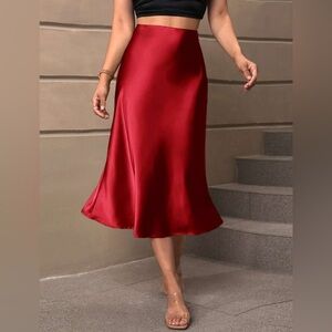Vibrant Red Satin High Waist Midi Elegant Chic Couture Sleek Silhouette Skirt